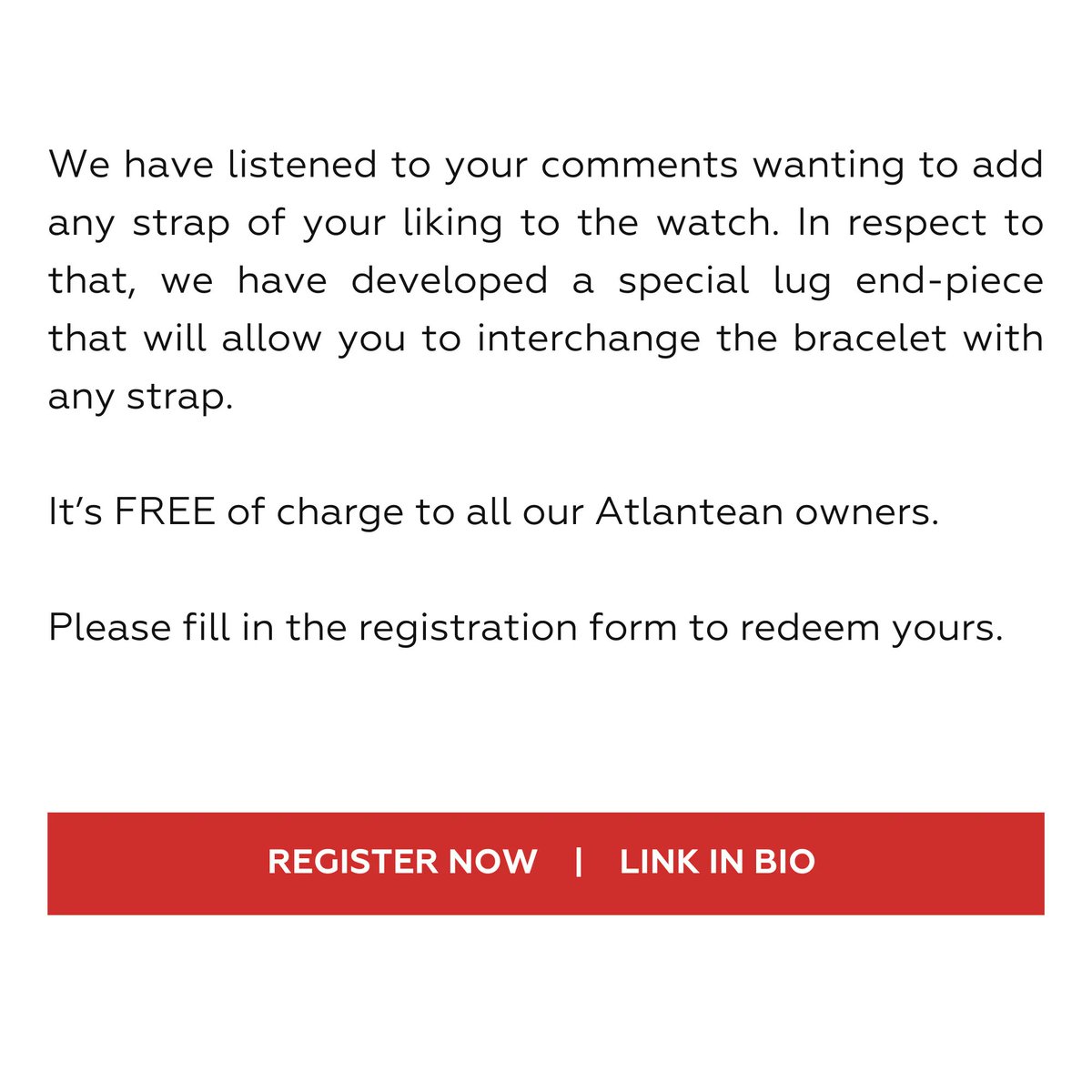 NoveWatch's tweet photo. ❗❗ We have listened to your comments! We have developed a special lug end-piece that will allow you to interchange the bracelet with any strap. 
.
It’s FREE of charge to all our Atlantean owners.
.
Please fill in the registration form to redeem yours. 👉 https://t.co/wKT0bEWneN https://t.co/1oR2slluY5