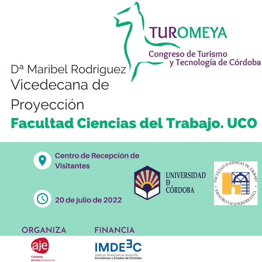AJECordoba's tweet photo. 🟢 Ponentes del Congreso Turomeya. 
Contamos con Maribel Rodríguez Zapatero @Univcordoba 
Presentará WEODS, un proyecto que tiene como objetivo posicionar Córdoba como una marca de turismo sostenible.
Deseando escucharla‼️
#TurOmeya2022 #turomeya #somosAJE 
@AJECordoba   @imdeec https://t.co/cMN7qGfugd