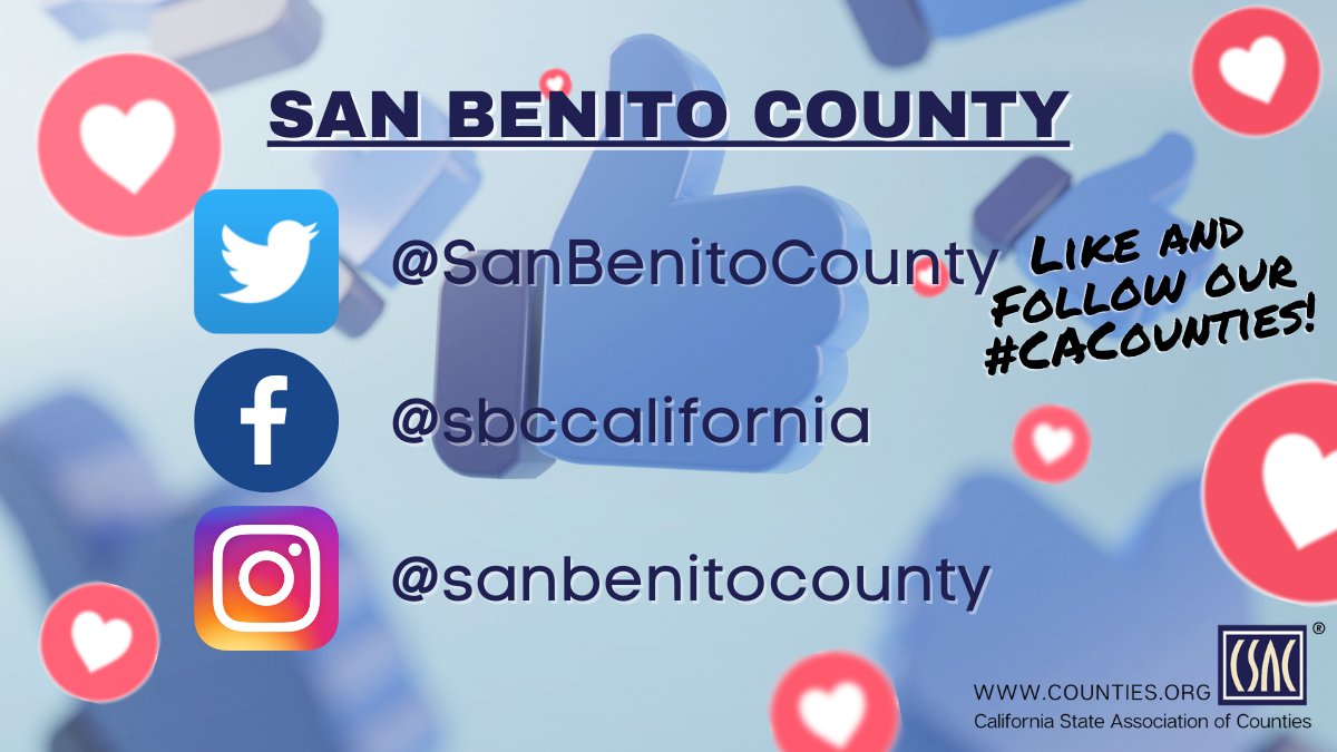 CSAC_Counties's tweet photo. Now that you've learned a little more about our featured #CountyOfTheWeek #SanBenitoCounty, be sure to follow them on #SocialMedia & check out their webpage: https://t.co/8uwPEOGnKo
@SanBenitoCounty @SBCVOTE @PublicHealthSBC @SBCOSheriff https://t.co/41xZY4cGBG