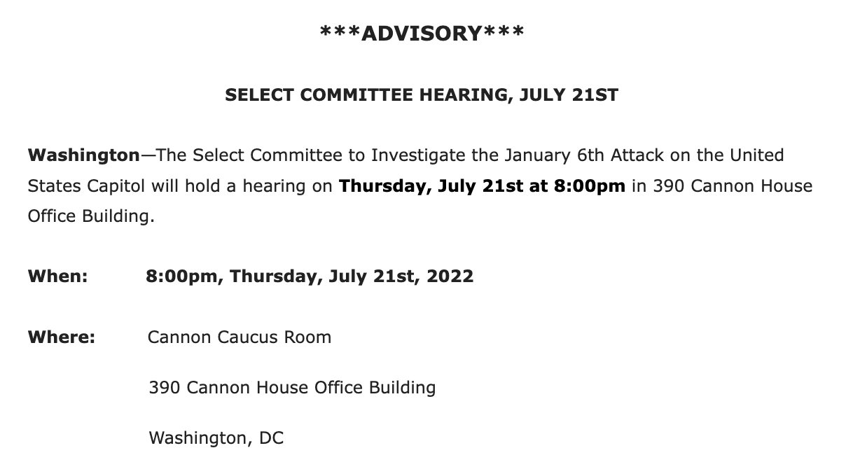 Andrew Solender on Twitter "Jan. 6 committee schedules Thursday, July