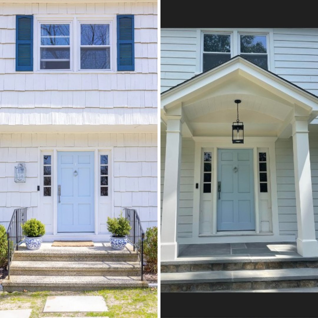 BurrRSW's tweet photo. Stunning before and after of the front portico at this Westport home. We installed all new @jameshardie siding in Arctic White and designed the client's dream portico with 8" square columns! https://t.co/d190QqRRPA