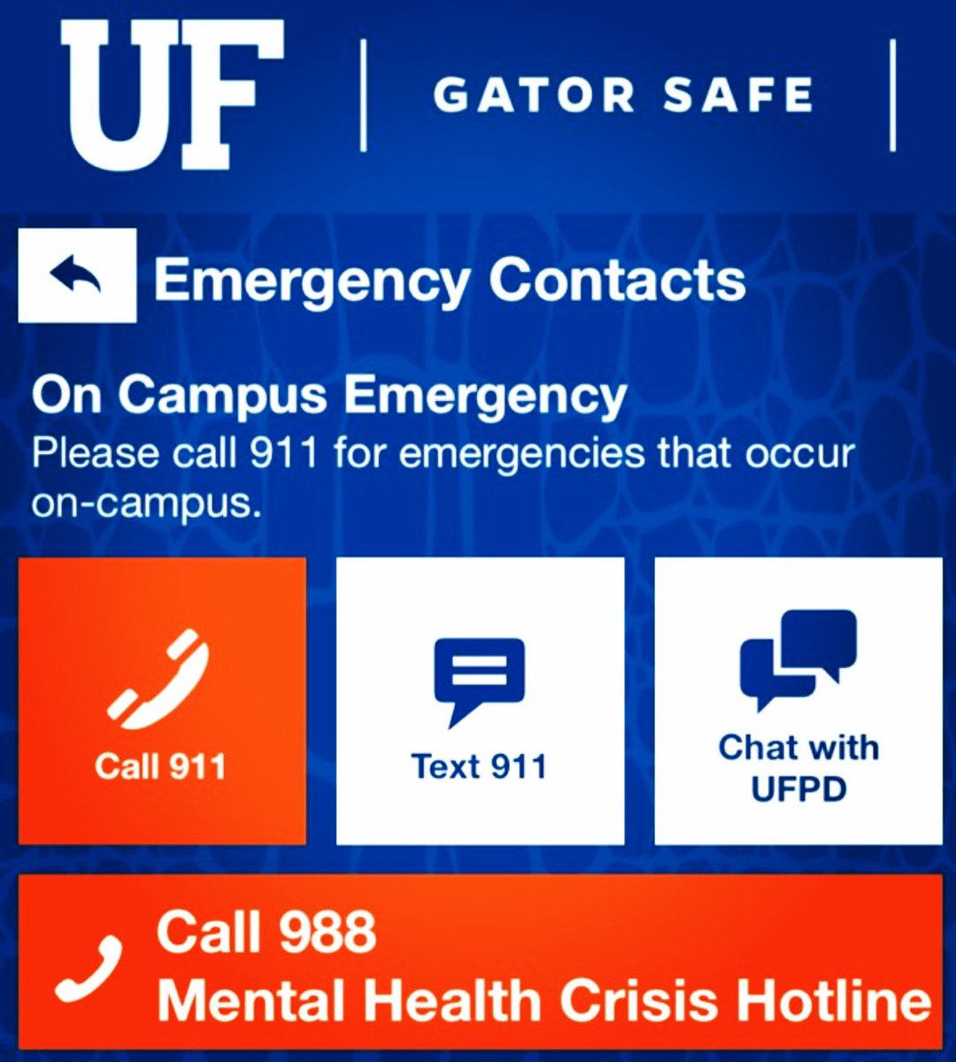 UF Public Safety (@ufpublicsafety) on Twitter photo #Gators On July 16, 2022, 988 launches nationwide. 988 is a new easy to remember three-digit number for the National Suicide and Crisis line. As it goes live, Gators will simultaneously see 988 as a menu option under Emergency Contacts in the GatorSafe app. #988lifeline #Gators On July 16, 2022, 988 launches nationwide. 988 is a new easy to remember three-digit number for the National Suicide and Crisis line. As it goes live, Gators will simultaneously see 988 as a menu option under Emergency Contacts in the GatorSafe app. #988lifeline