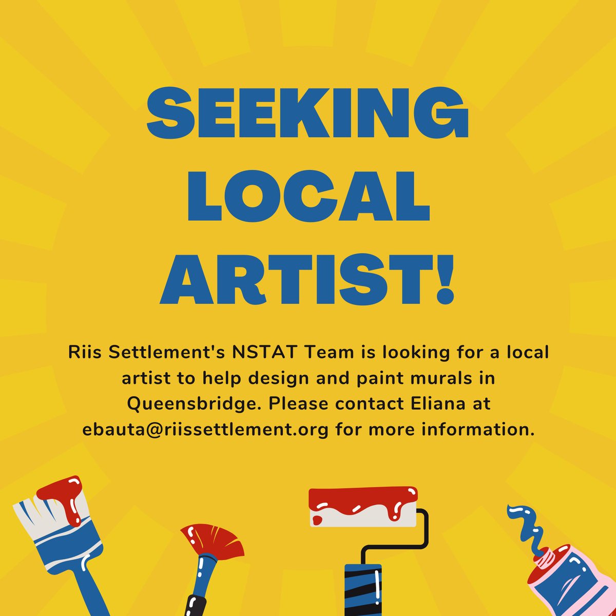 Riis_Settlement's tweet photo. Do you have experience designing and painting murals? We are looking for a local artist to help our #NeighborhoodStat team implement new art projects in Queensbridge. Please contact Eliana at ebauta@riissettlement.org for more information.
#localartist #mural #design https://t.co/2bMK8z8Ycz