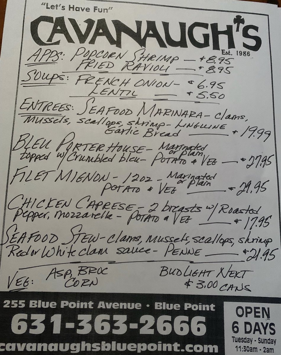 CavanaughsPub's tweet photo. Friday great dinner specials tonight, kitchen open till 9:30pm. Beer of the Month, Bud Light NEXT, $3.00 cans. #bluepoint #budlightnext #foodie #bbpphantoms #bayport #holbrook #cavanaughs #LongIsland #otb #quickdraw #onionsoup #yumonli #Suffolk #pub https://t.co/2sl4GvSvmt
