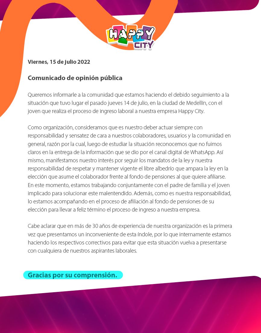 Con respecto a la situación presentada el día de ayer, comunicamos: