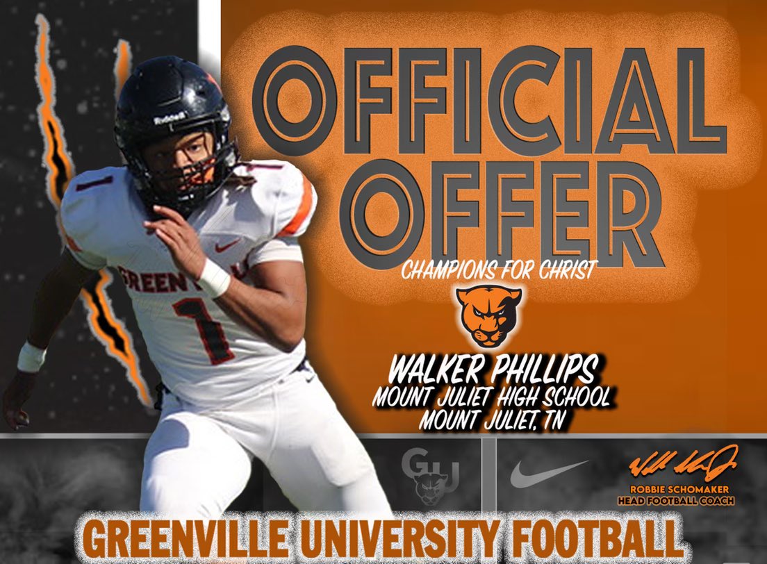 After a great conversation with <a href="/CoachTreyStille/">Coach Stille</a> I’m blessed to receive my first offer from Greenville University! <a href="/MJGOLDENBEARFB/">MT. JULIET FOOTBALL</a> <a href="/NCEC_Recruiting/">NPA</a> <a href="/CSmithScout/">Chris Smith</a> <a href="/shaeeflatt/">Shaee Flatt</a> <a href="/coltcarver/">Coach Carver</a> <a href="/CoachAdamBrown/">Adam Brown</a> <a href="/JalanSowell/">JALAN SOWELL (J1)</a> <a href="/ONEWAYINC1/">ONEWAY INCORPORATED</a>