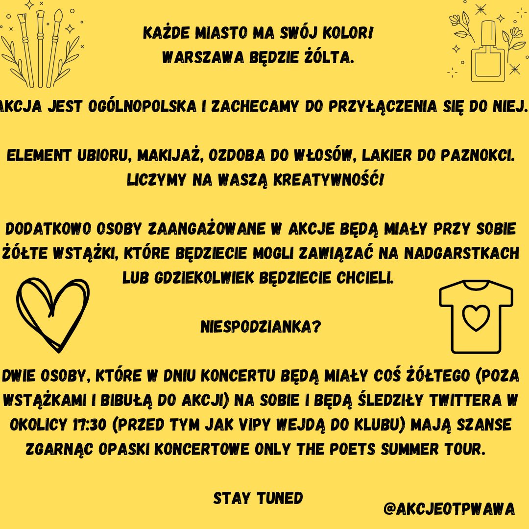 akcjeotpwawa's tweet photo. Wszystkie akcje koncertowe na #OTPSummerTour w Warszawie 💛💛💛

 #OnlyThePoetsPoland #PolishLegendsCanDoMagic #polandlovesotp https://t.co/gJmDHoZ7wD
