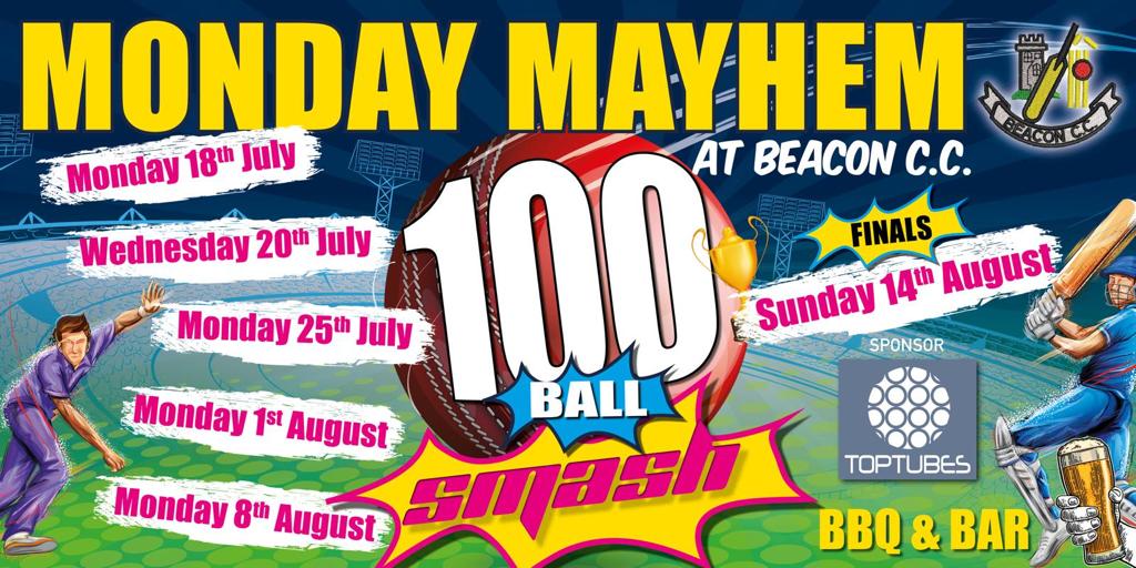 @WombourneC will be taking part again in this years 'Monday/Wednesday Mayhem - 100 ball smash' at @Beacon_CC starting next week 18th July, 2022. Monday 18th July - @WombourneC v @HimleyCC Wednesday 20th July - @WombourneC v @swindoncc Games start at 6:00pm. #monthebourne