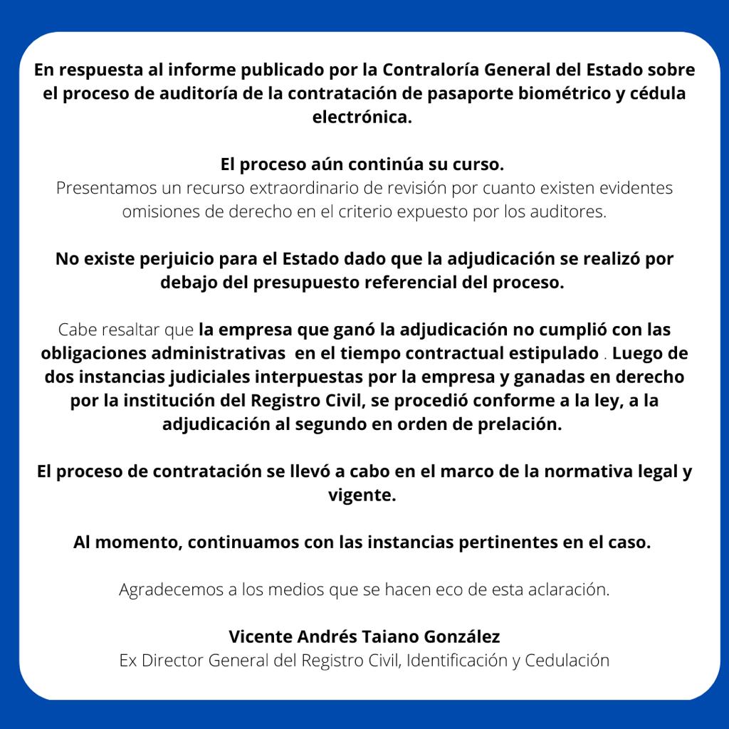 En respuesta a la publicación del informe de auditoria de pasaporte biométrico y cédula electrónica. El proceso sigue su curso. Aquí, mayores detalles.