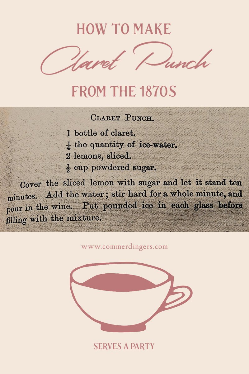 commerdingers's tweet photo. #ClaretPunch
1 bottle of #claret.
1/4 the quantity of ice-water.
2 lemons, sliced.
1/2 cup powdered sugar.
Cover sliced lemon with sugar, let it stand 10 mins. Add water; stir hard for a whole minute, pour in the wine.  Put pounded ice in each glass before filling. https://t.co/39fwWO4mO6