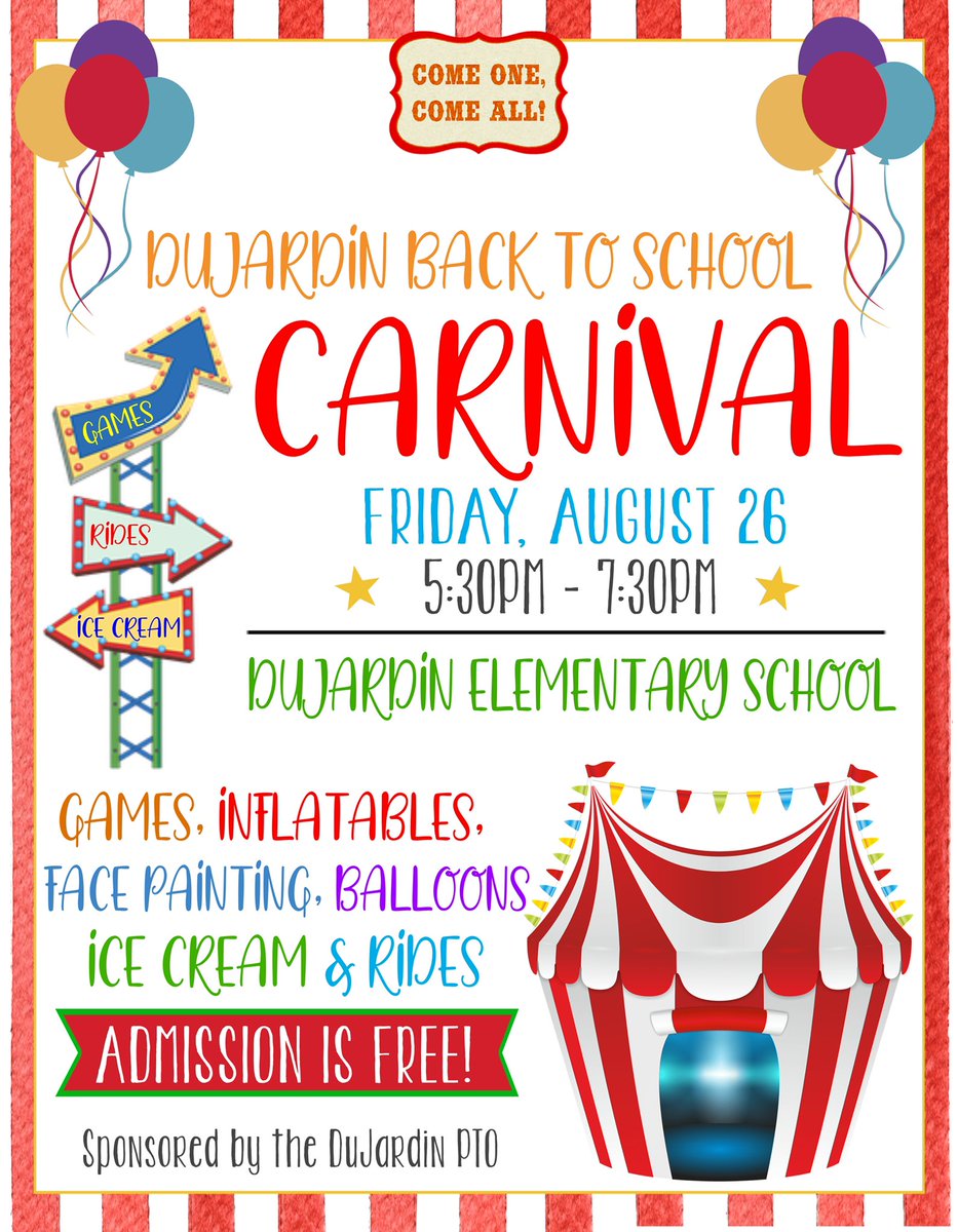 DuJardinPTO's tweet photo. Mark your calendars for Friday, August 26! We are going to have an amazing back to school carnival for our @D13Jaguars families! https://t.co/rBF6AVXLWL