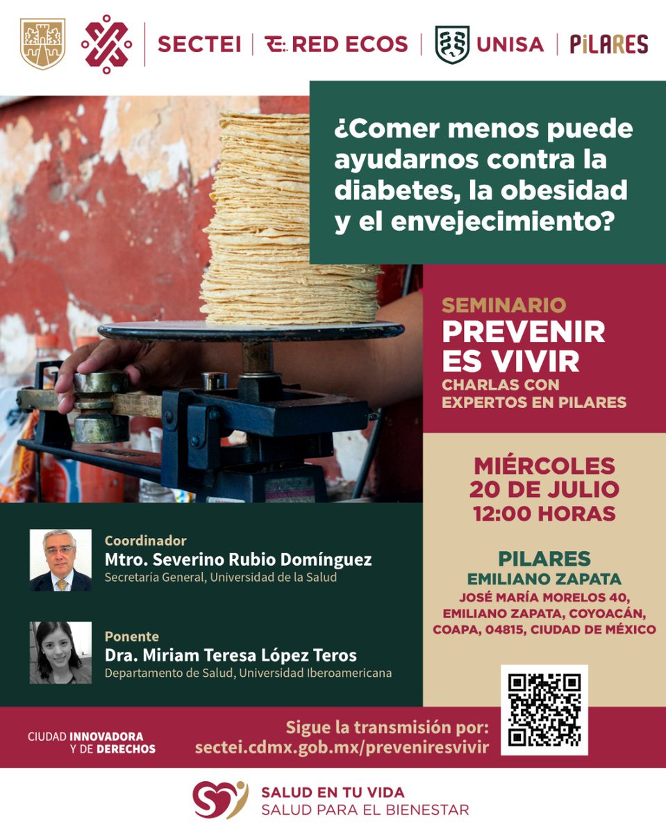 🔊 Este miércoles 20 de julio se presenta la charla con expertos "¿Comer menos puede ayudarnos contra la diabetes, la obesidad y el envejecimiento?" ❤️🩺

🕛 A las 12:00 horas 
🎦 sectei.cdmx.gob.mx/preveniresvivir