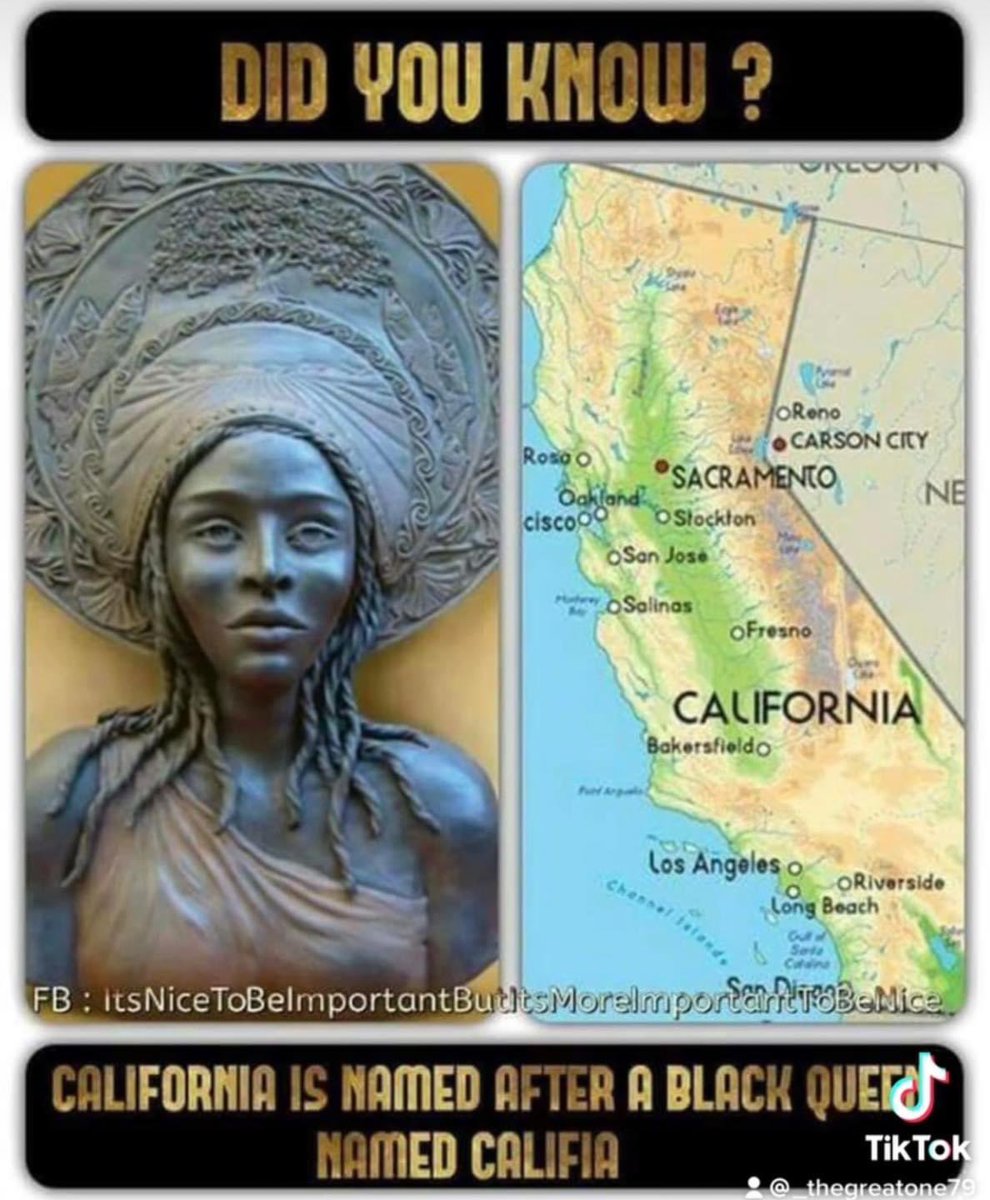 AuthorJoeNBrown's tweet photo. #BlackTwitter ~ Did you know California is named after a Black Queen 👸🏽 named Califia 👑 . #BlackQueen #BlackQueensRock 👸🏽 https://t.co/E64ipUvcr9