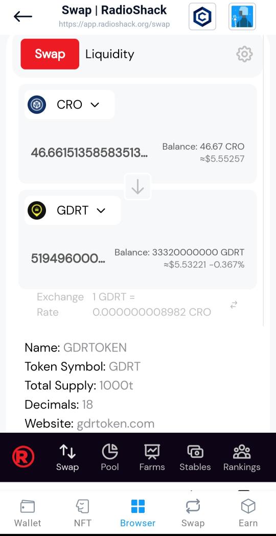 EPC_NFT's tweet photo. Check it out. @GdrToken is on @RadioShack exchange.

Turn your crypto or #cro into some GDRT Today. 🚀👨‍🚀

#crofam #nft #nfts #crypto #rockets #NFTCommmunity #passive #etherium #bitcoin https://t.co/zhH8ZHBDTj