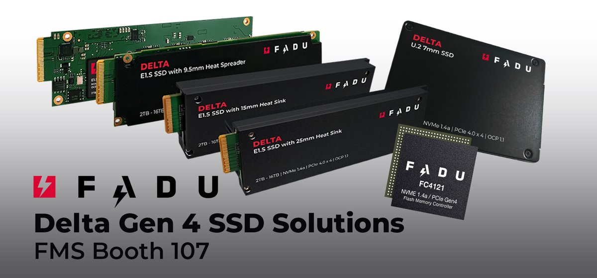 FaduTechnology's tweet image. Visit FADU at #FlashMemorySummit 2022 in Booth 107 on the main floor to see our Gen3, Gen4, and Gen5 #SSD and Controller solutions. See a Gen4 demo, learn about our Gen 5 products, and talk with our #data #storage experts. Visit: fadu.io