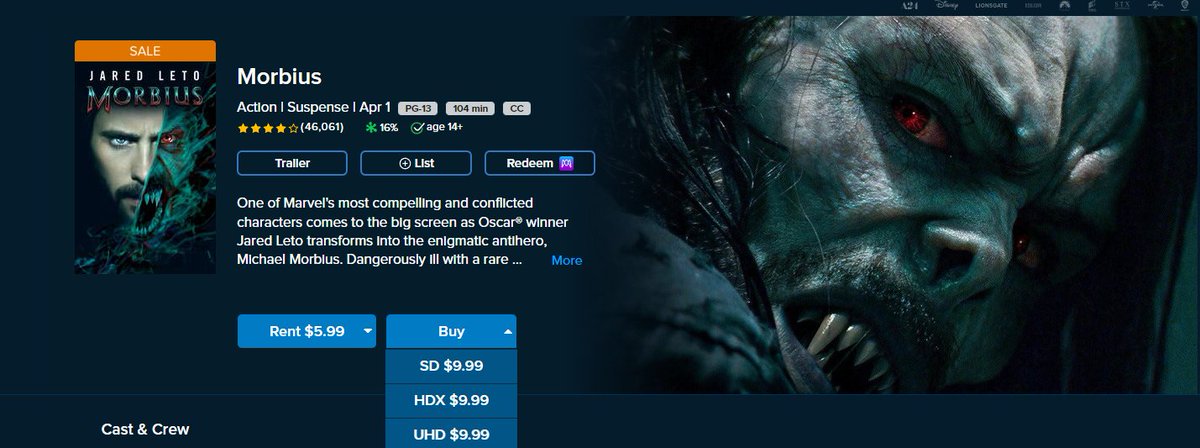 Moribus (UHD Digital) is $9.99 at various retailers (beware that it's MoviesAnywhere compatible - you might accidentally own 8 copies of Morbius)