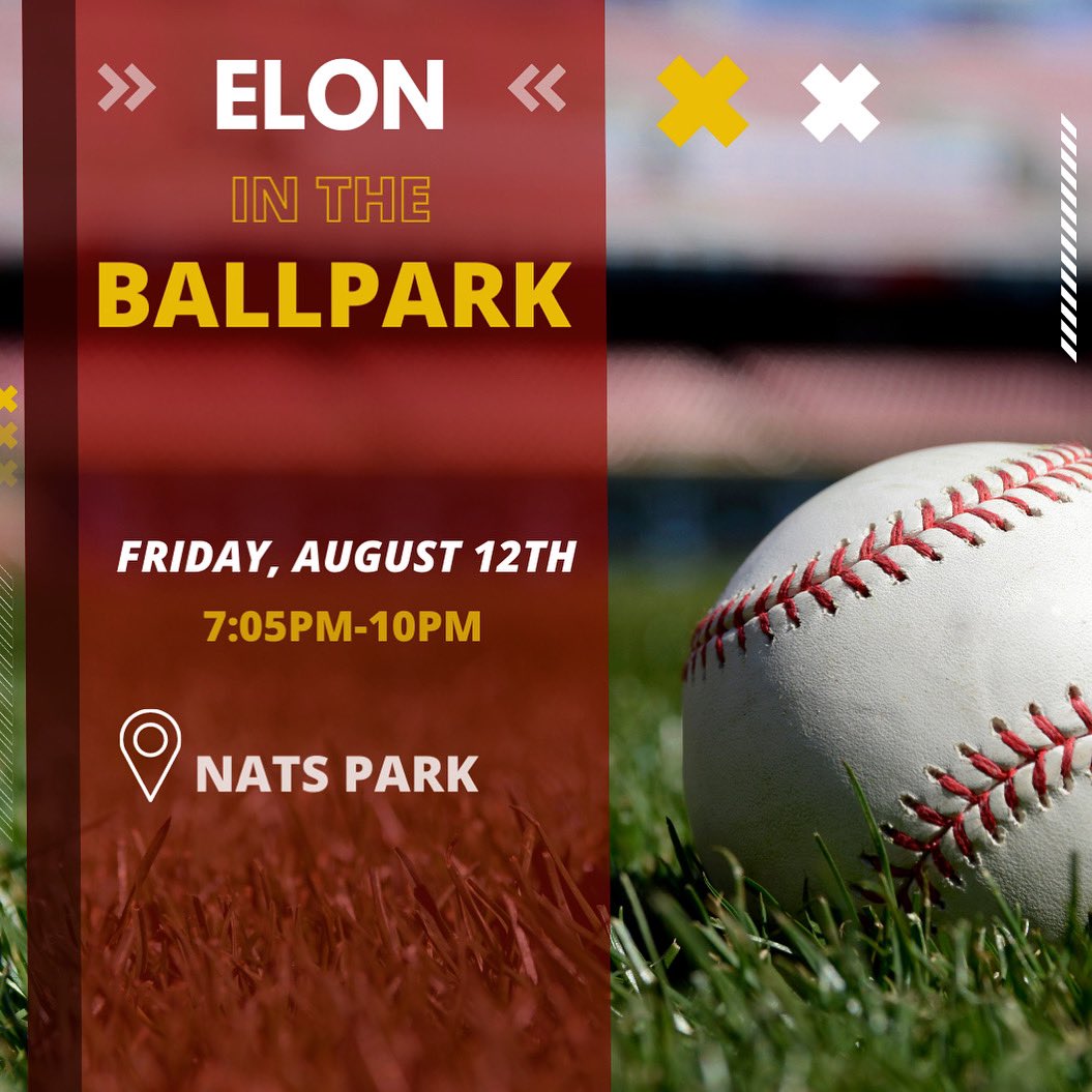ElonInDC's tweet image. Join the D.C. Alumni Chapter for a fun night in the ballpark as the Nationals take on the Padres. Each group-rate ticket comes with a free $15 food voucher to redeem in the park. Let's cheer on the Nationals together for a great night with alumni, family and friends! #linkinbio