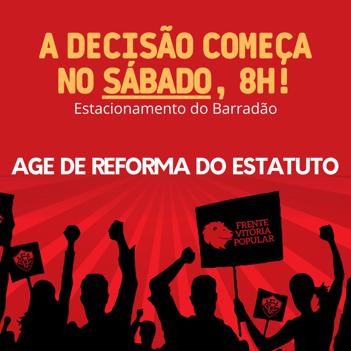 ecvpopular's tweet photo. A DECISÃO COMEÇA AMANHÃ!
No Barradão, sábado às 8h, começaremos a arrancada rumo à profissionalização do @ECVitoria. A Reforma do Estatuto nos dará tranquilidade para modernizar o Clube e virará uma página tenebrosa da nossa história. https://t.co/C551RCzORk