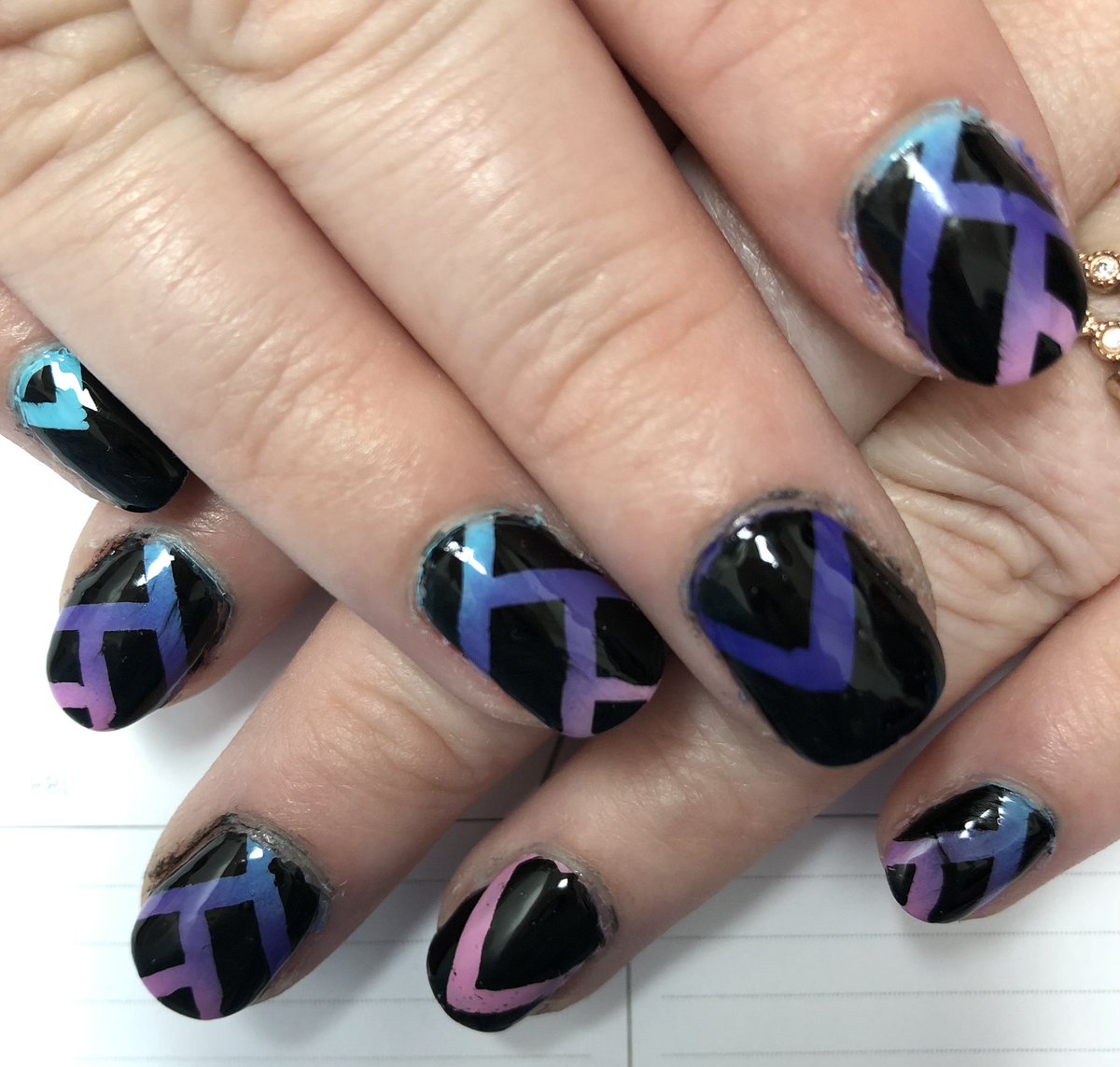 SewAndTellCraft's tweet photo. Did my first nail art using nail vinyls! Mostly copied a design by @nailogical using my @holotaco polishes and tools. Cleanup needs some practice 😅 But really happy with how it came out! https://t.co/bNNv1Nd0a2