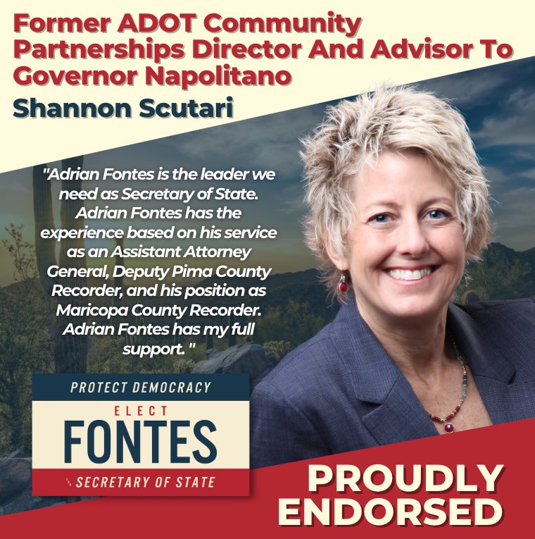 Adrian_Fontes's tweet photo. Ms. Scutari served admirably in the Napolitano administration and was the director of Rail and Sustainability for ADOT. She is one of the key figures behind the successful light rail system. I appreciate her support and endorsement for my campaign! https://t.co/5erNwm0dzz