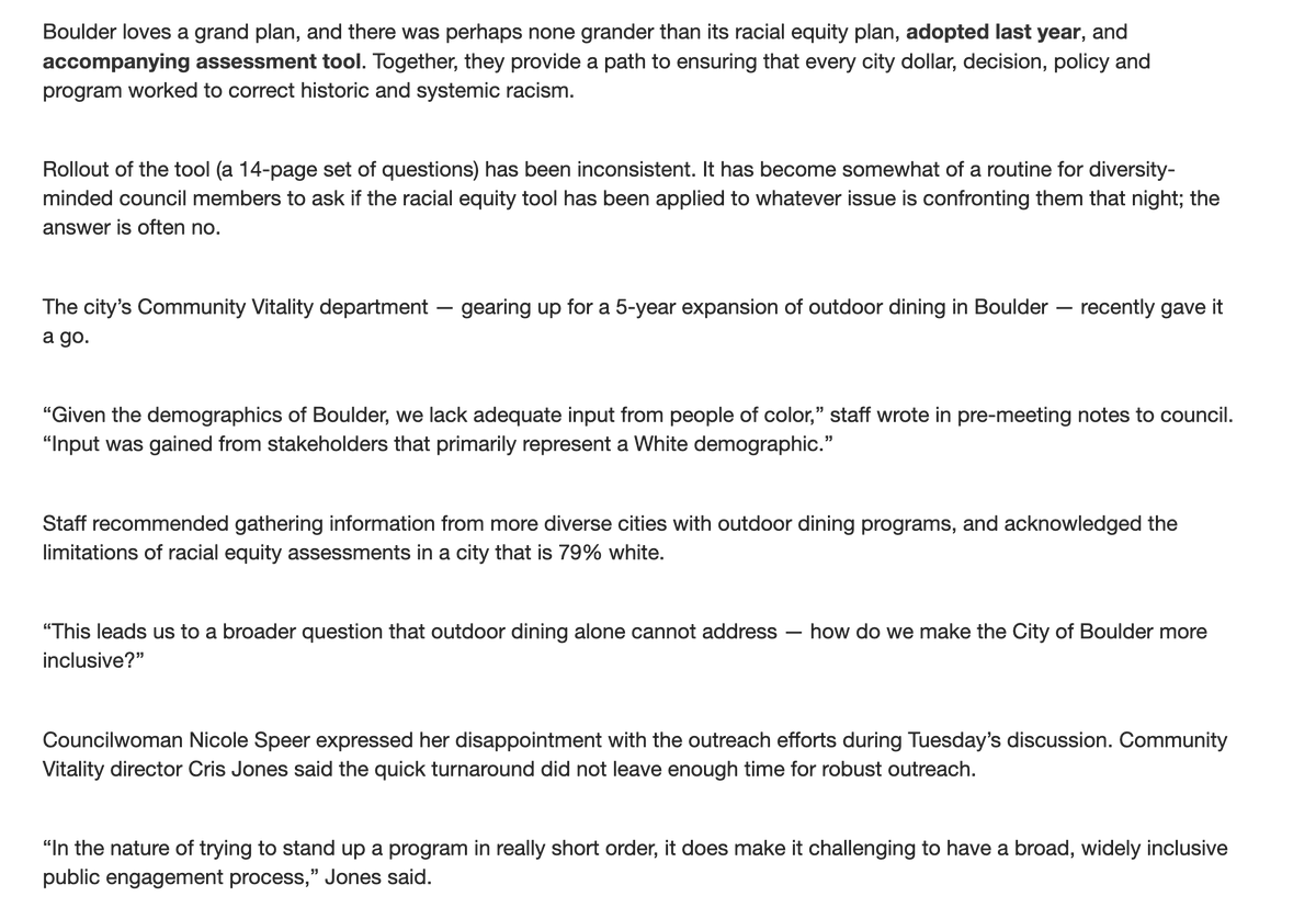 RichardHanania's tweet photo. Boulder has a diversity checklist where they have to make sure everything they do is for the sake of people of color. They were going to expand outdoor dining in the city, but were disappointed only to get white input. https://t.co/udKhN4qNEd https://t.co/IdwRkxpQ7O
