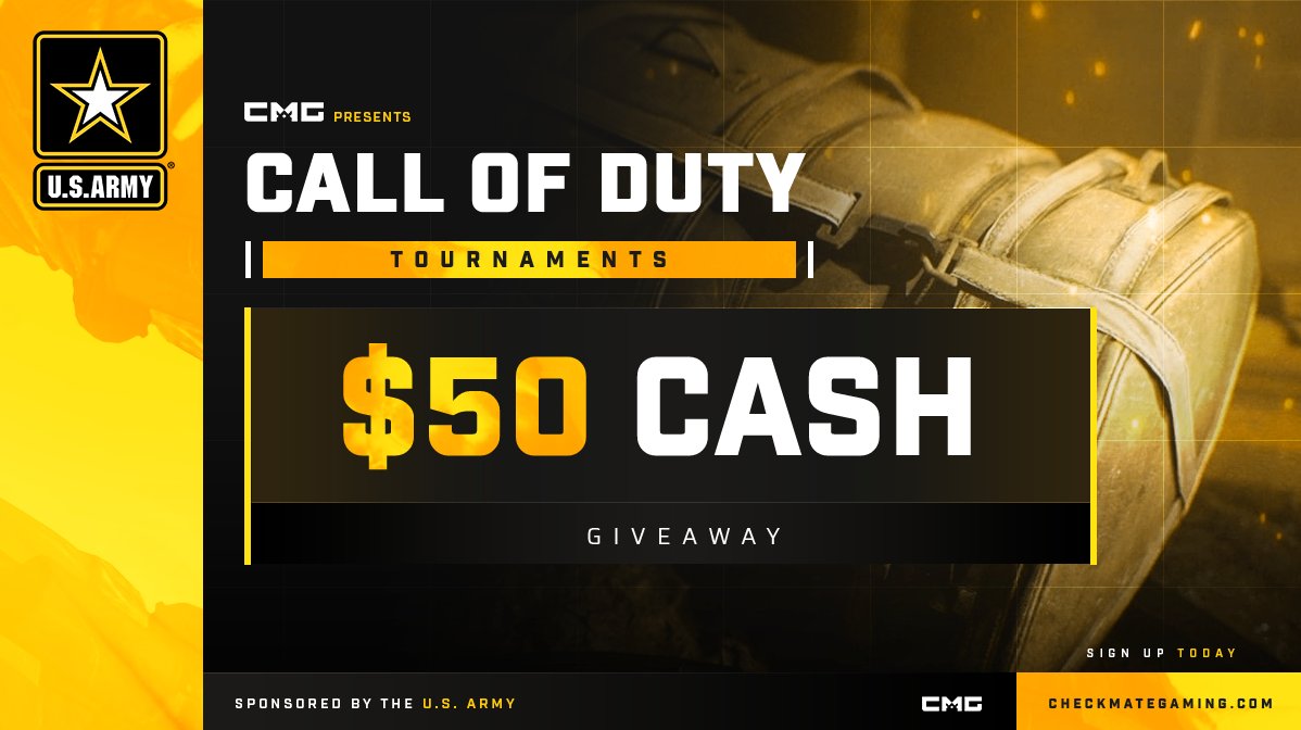 $50 Cash Giveaway CMG x U.S. ARMY

🎁 2 Winners of $25
♻️ Retweet this tweet
👥 Tag your duo
💚 Follow <a href="/CMG_Esports/">CMG</a>

Winners picked Sunday 5 PM EST.

Enter here - checkmategaming.com/free-tournamen…

#CMG #CallofDuty #Warzone #Vanguard #Giveaway #Giveaways