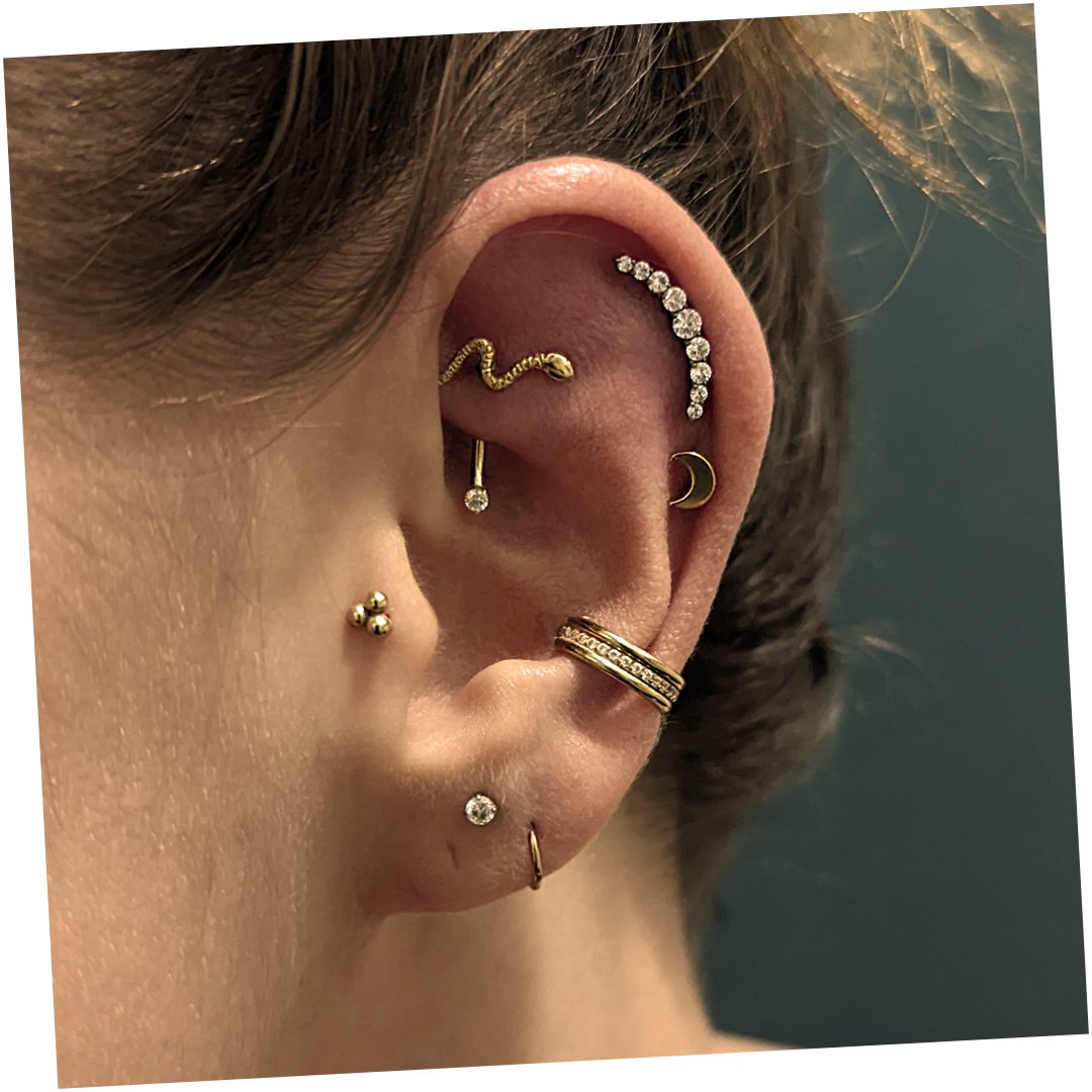 ShopSuwany's tweet photo. Composition d'oreille réalisée avec des bijoux en or et titane gold.
•
•
•
#conchpiercing #rookpiercing #traguspiercing #helixpiercing #earlobepiercing #piercing #earcuration #curatedear #piercingjewelry #jewelry #kahunastudio #cannes https://t.co/G06RDIt1YV