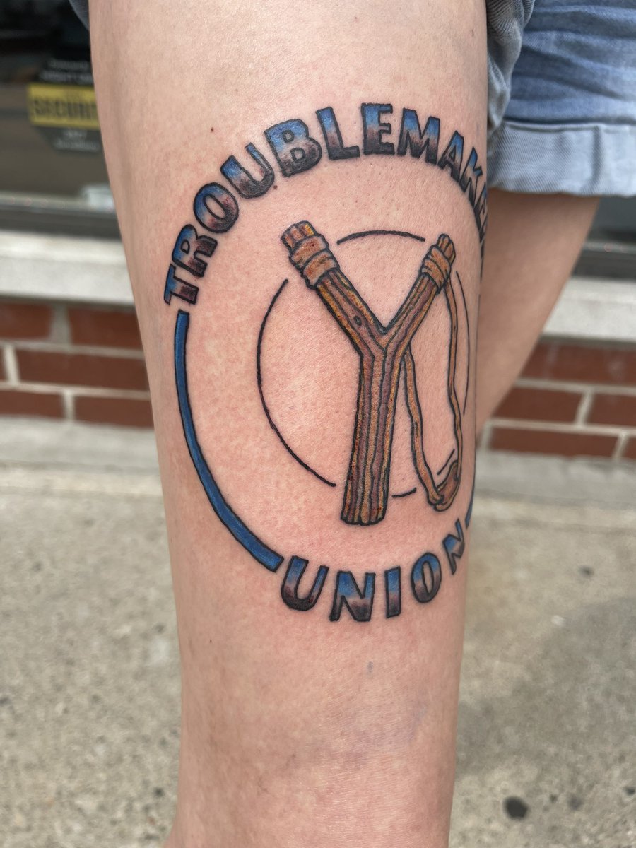 AdrianTwoPoint0's tweet image. After 12 years on staff and after the largest @labornotes conference, it was time to celebrate and make the Troublemakers Union slingshot a reality. 

#labornotes #tattoo #BluzTattoz #troublemakersunion