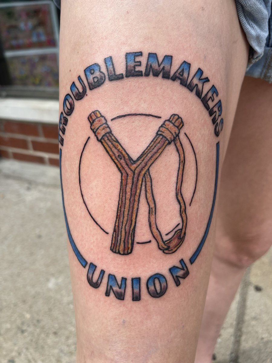 AdrianTwoPoint0's tweet image. After 12 years on staff and after the largest @labornotes conference, it was time to celebrate and make the Troublemakers Union slingshot a reality. 

#labornotes #tattoo #BluzTattoz #troublemakersunion