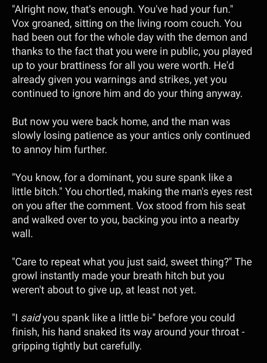 it_do_be_ket's tweet photo. Vox RP scenario pt 19 #VoxAkuma #VoxScenarios #voxrpideas #NSFW #AkuSMR #akumasutra #KinDrenched
(A/N: sorry for the wait! I've had a really hectic period for a bit, but I'm back now!~ π) https://t.co/BmmonGO6tR