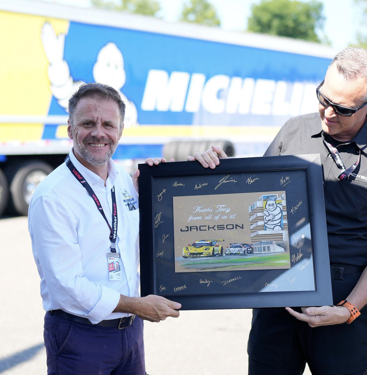 jxn_agency's tweet photo. In honor of his final @IMSA race as Director of Motorsport for Michelin North America, our team shared a special farewell gift with @TonyMenard72 at @limerockpark this weekend. We have enjoyed working with Tony and wish him the very best in his next adventure! #IMSA https://t.co/jFcinpOtWu