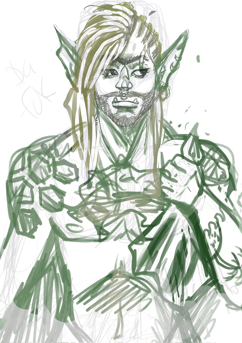 SpookinkyIzzy's tweet image. Going "back to work" in an hour😴 sketching my elf-orc bard himbo..heehee
