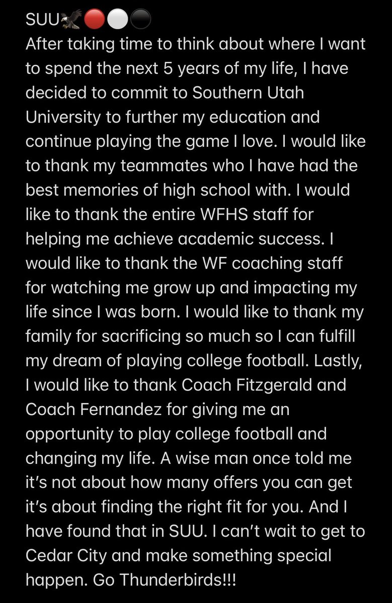 Committed!🦅🔴⚪️⚫️<a href="/SUUFB_/">Southern Utah Football</a> <a href="/delanefitz/">DeLane Fitzgerald</a> <a href="/CoachATrain99/">Aaron Fernandez</a> <a href="/WFCoachCampbell/">Steve Campbell</a> <a href="/WFFootballTeam/">WF Football Boosters</a> #stormthesky #focusfightfinish #TBirdNation