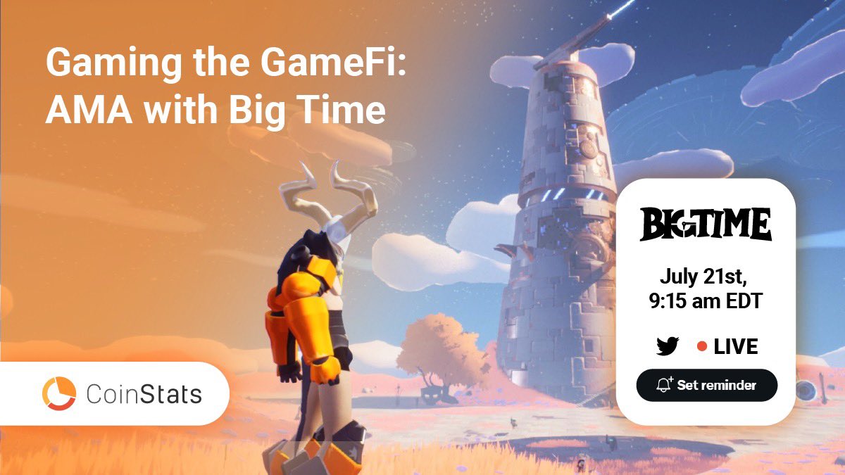 CoinStats's tweet image. GameFi is something your whole Twitter feed talks about 🎮

We&apos;ll be unpacking it with @playbigtime and answering your questions on the 21st.

Set a reminder 🔔
