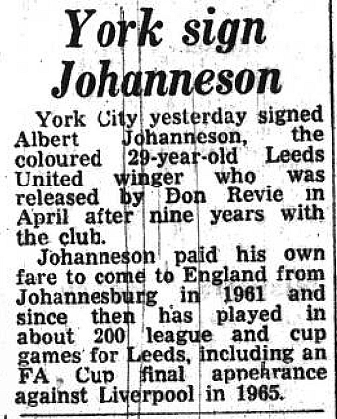 The end of an era for the courageous, ground-breaking Leeds winger Albert Johanneson who signed for York City #OnThisDay 1970. In truth after appearing in the '65 FA Cup final he didn't hold down a prolonged run for Revie's United &amp; rarely started in the latter years. #lufc #ycfc