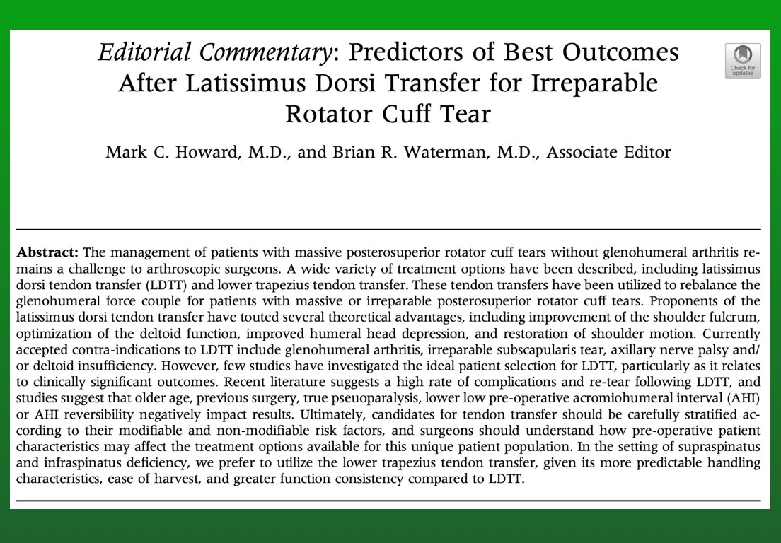 ArthroscopyJ's tweet photo. Editorial Commentary from Drs. Howard and Waterman on Latissimus Dorsi tendon transfer for irreparable rotator cuff tear: https://t.co/1PNm49Phjy #shoulder #LDTT #rotatorcuff #arthroscopy #tendon @H2O_SportsMD https://t.co/QfBjSxCFdU