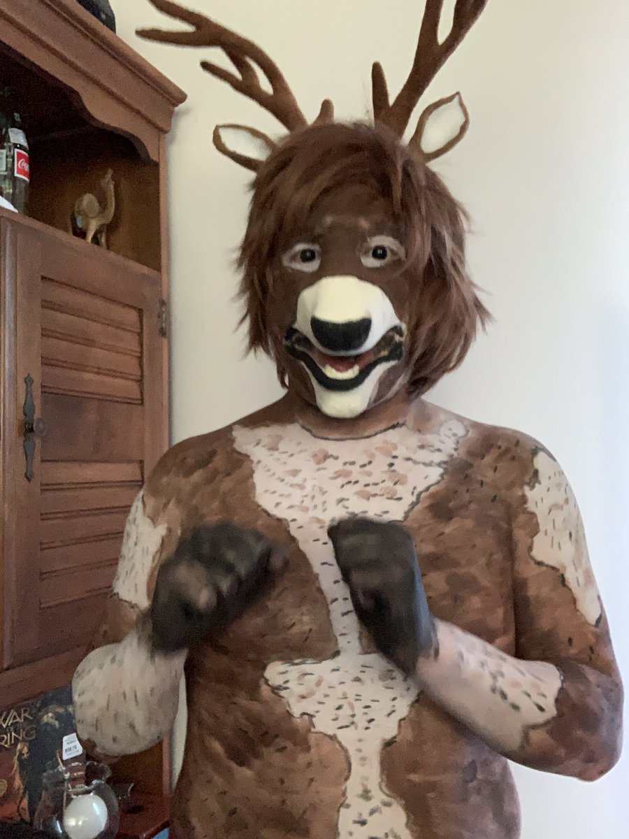 goldeneye545's tweet photo. I had a blast doing this,body paint and prosthetic. I was a full on deer last night. I loved using the northfurfx Deer prosthetic. Definitely looks realistic. #northfurfx #bodypainting #prostheticmakeup #makeupartist #TwitchPartner #twitchstreamer #sfx #makeup #bodypaint #deer https://t.co/4epLmD4h3M