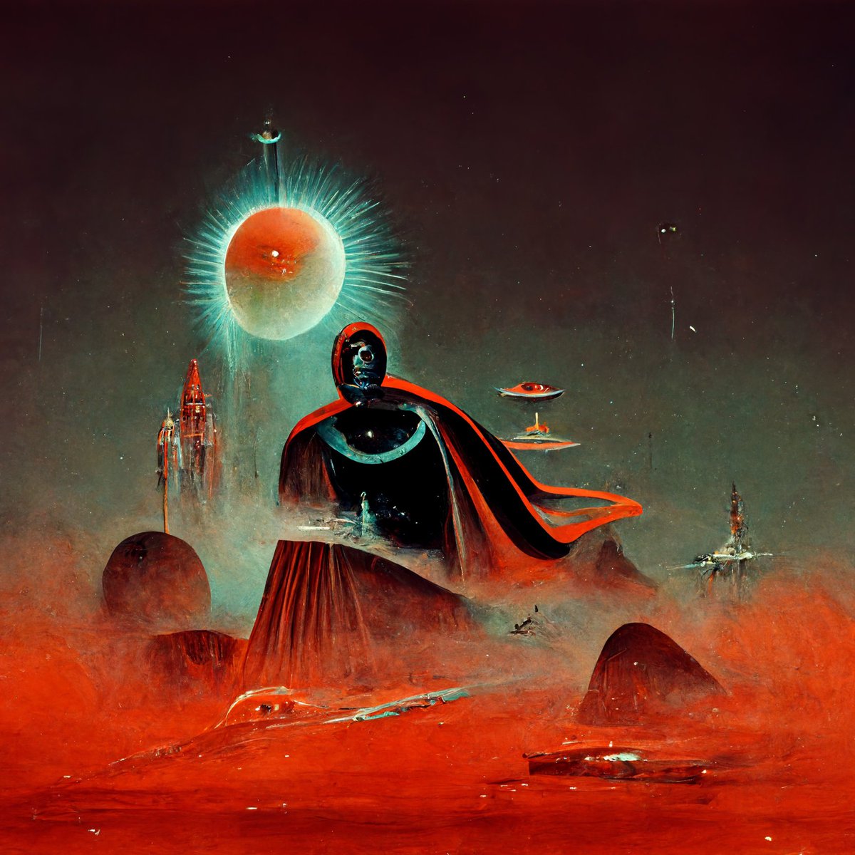 GeneralSamsSec's tweet image. tonights vibe has been found: 

retro dark vintage sci-fi + 2D matte dark gouache illustration + dark epic spiritual kingdom of the cosmos