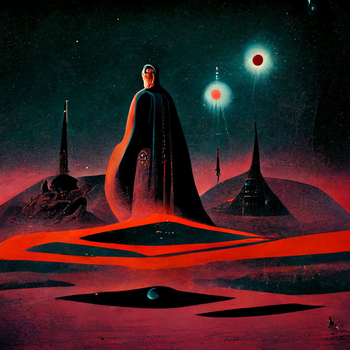 GeneralSamsSec's tweet image. tonights vibe has been found: 

retro dark vintage sci-fi + 2D matte dark gouache illustration + dark epic spiritual kingdom of the cosmos