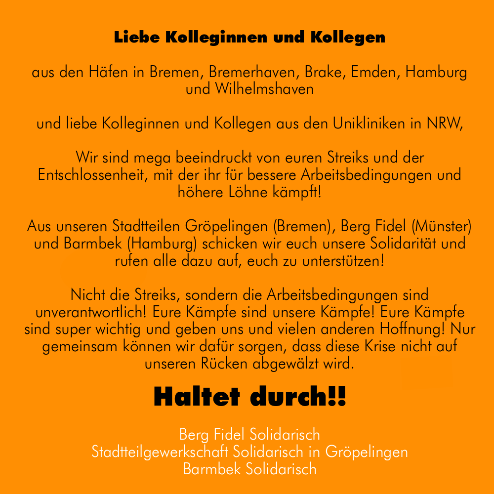 barmbeksoli's tweet photo. Solidarität mit allen Streikenden! Lest hier unsere gemeinsame Erklärung mit @BFSolidarisch und @soli_groepel.
Solidarität ist unsere Waffe! 

#hh1507 #streik #Polizeiproblem https://t.co/yVFAzJxGQa