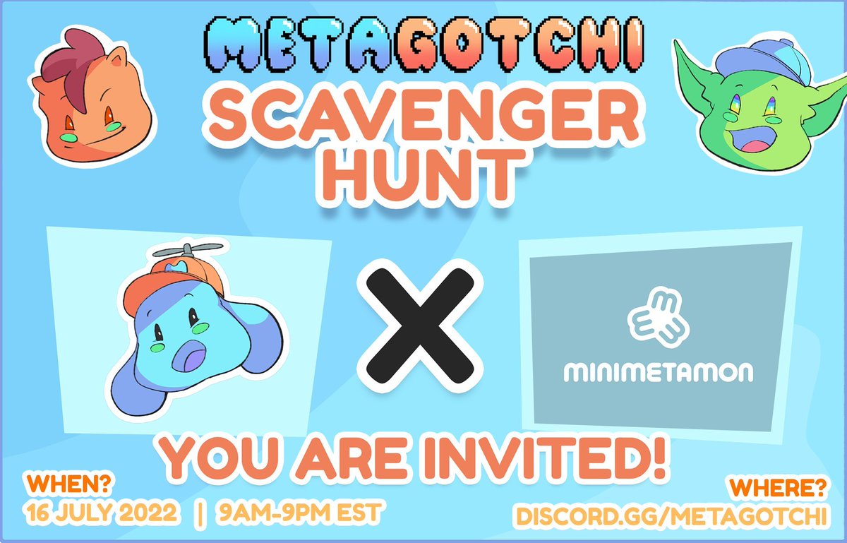 minimetamon's tweet photo. Hey Collectors! 🧐

We have been invited to participate in the 
@MetagotchiNFTs SCAVENGER HUNT 🔎

RT, Like and Tag 3 friends that you want to have on your team! https://t.co/79DNvOXpi1