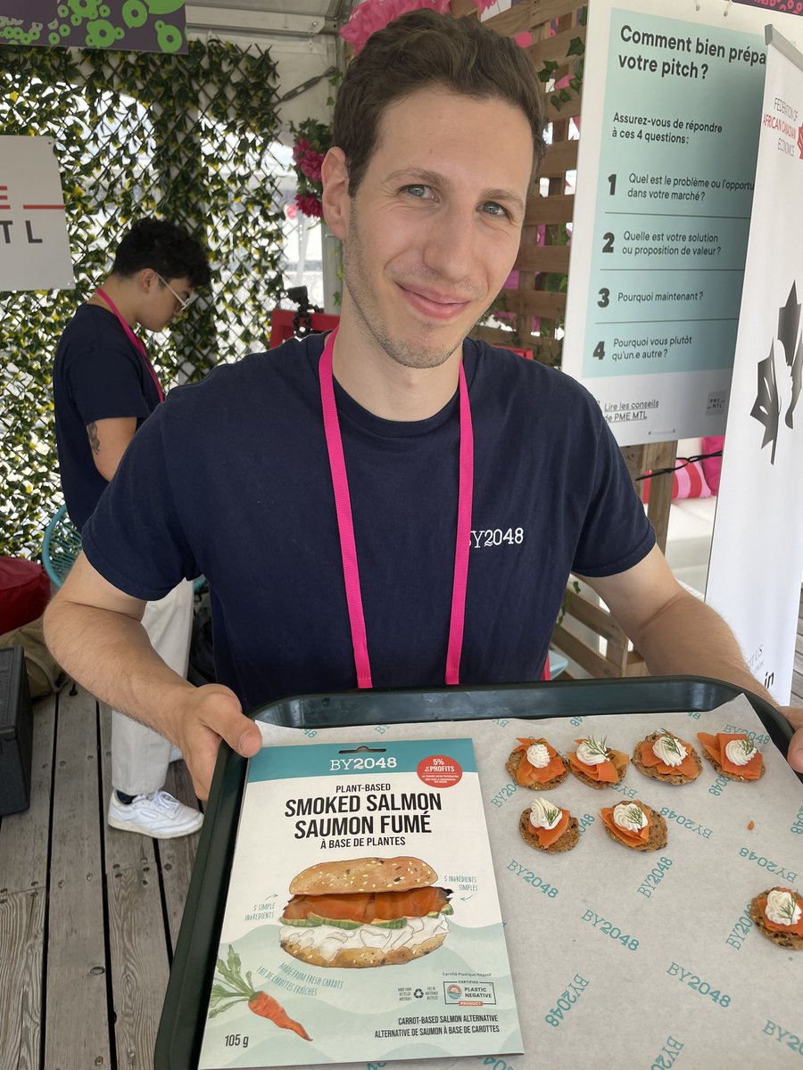 PierreSavignac's tweet photo. (Oops, the picture was missing) #Innovation comes from all industries at @StartupFest, not just #AI, #blockchain and #software. BY2048 created a plant-based smoked salmon. And they can claim #SRED #taxcredits on that! Miam miam! Too bad I don’t like cheese… https://t.co/v3rHHb7n1j