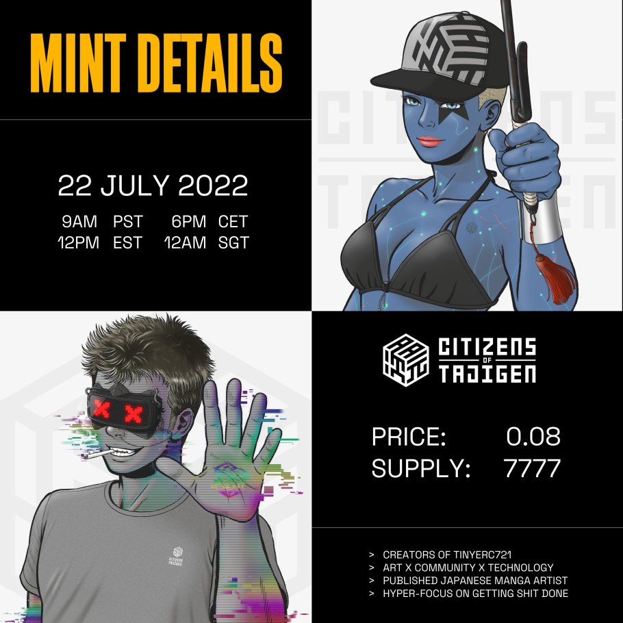 Mint details:
Date ➜ 22 July 2022
Price ➜ 0.08 ETH
Supply ➜ 7777

Wallet collection is open in our discord for those already mintlisted.
