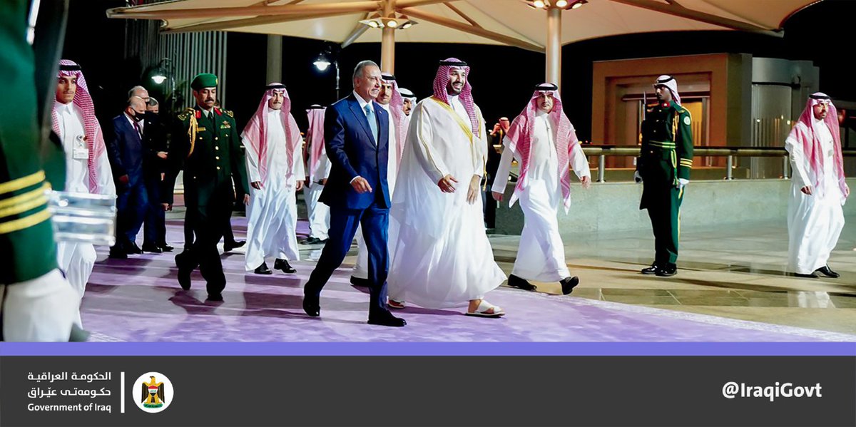 IraqiGovt's tweet photo. PM @MAKadhimi, accompanied by a government delegation, is welcomed by the Crown Prince of the Kingdom of Saudi Arabia Mohammed bin Salman on his arrival in Jeddah to participate in the Summit for Security and Development. https://t.co/9inDm6tGxi