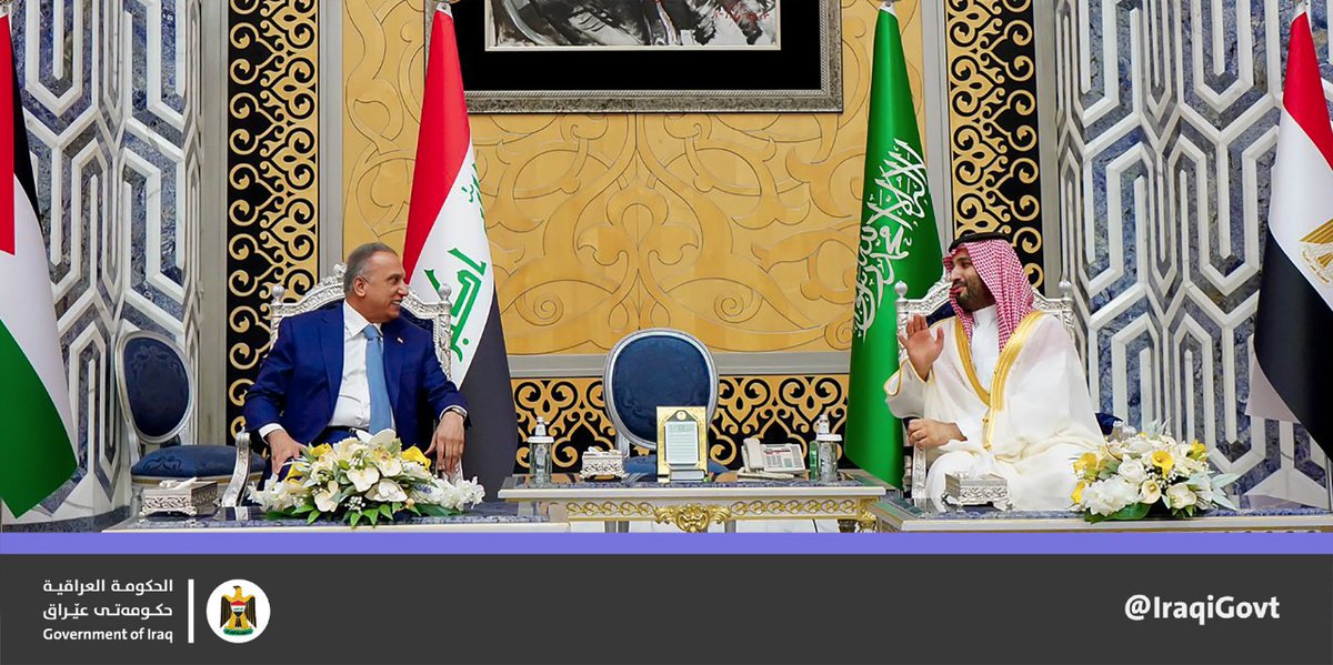 IraqiGovt's tweet photo. PM @MAKadhimi, accompanied by a government delegation, is welcomed by the Crown Prince of the Kingdom of Saudi Arabia Mohammed bin Salman on his arrival in Jeddah to participate in the Summit for Security and Development. https://t.co/9inDm6tGxi