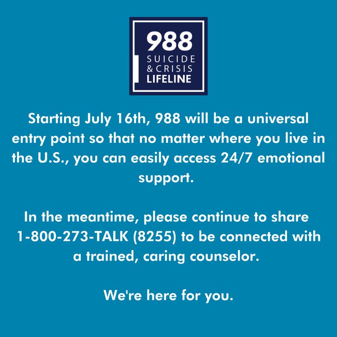 Starting today, the phone number for the Suicide &amp; Crisis Lifeline is 988. No matter where you live in the U.S., you can easily access 24/7 emotional support. 

You're not alone.

#988Lifeline