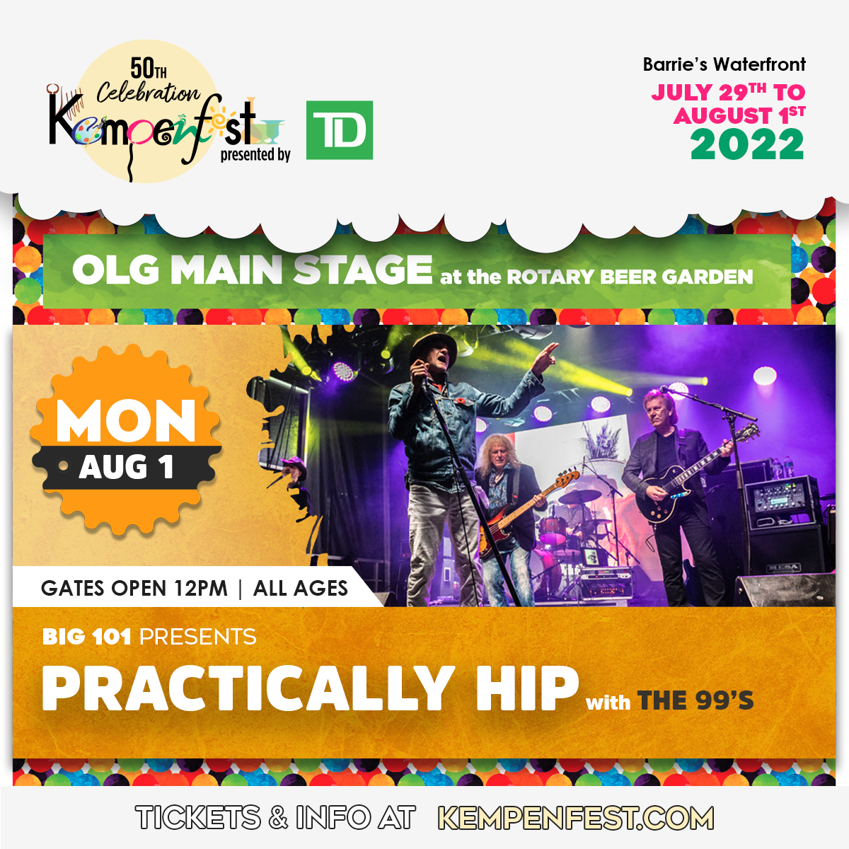 @1011bigfm presents #PracticallyHip &amp; #The99s live in concert Monday Aug 1st at <a href="/Kempenfest/">Kempenfest Barrie</a>! MainStage Concert Tickets on sale now! 🤟🏼

Tickets-> admirallive.ca/events/kempenf…
#livemusic #kempenfest #barrieontario
