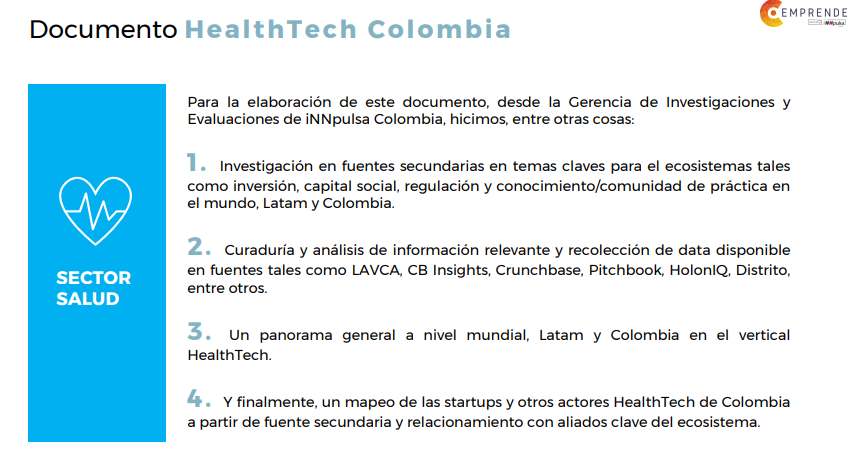 InnpulsaCol's tweet photo. La construcción de este documento hace parte del pilar de #conocimiento de la #EstrategiaSectorial de #CEmprende, que hoy entrega contenido de interés para el #SectorSalud⚕️. El mapeo generado en este primer estudio estará en constante actualización🧐👍.

@ClariRi @rvelascoch https://t.co/C09dGQSPGm