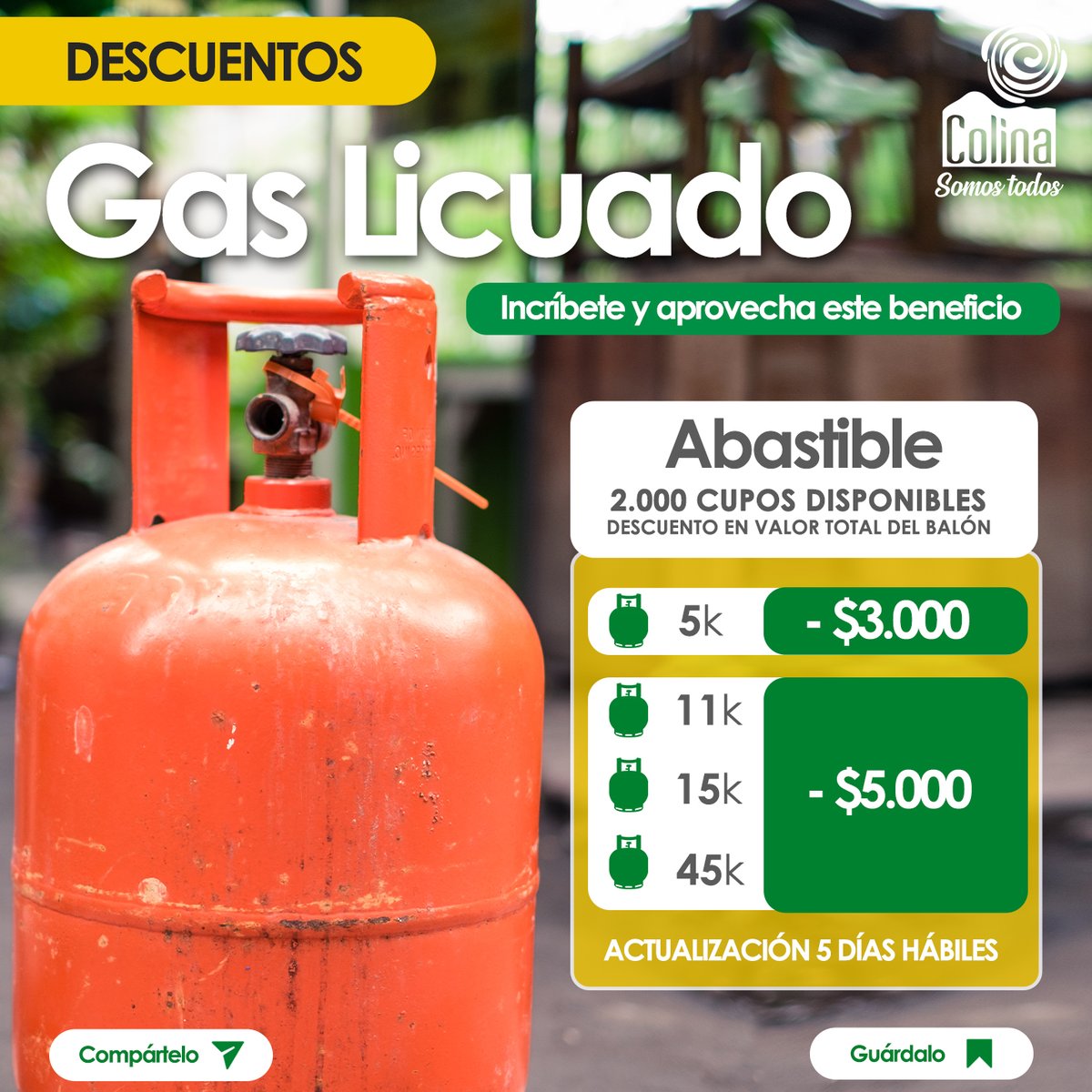 MuniColina's tweet photo. ¡Súmate al descuento que Abastible tiene para ti!

El descuento consiste en $3000 pesos a cargas Abastible de 5 kilos y 5000 pesos a cargas de 11, 15 y 45 kilos. 

Para esto, regístrate en el siguiente link y escoge la pestaña ABASTIBLE https://t.co/OMUlBO0sYI

#ColinaSomosTodos https://t.co/U4jJ9iKdNf