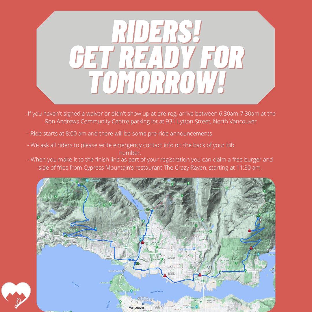 TripleCrown4Hrt's tweet photo. Tomorrow is the day of the ride and we're excited for the event to start. For our riders, please look at this graphic with all the information on timing, location and route for tomorrow!
#TC4H #TC4H2022 #Restart2022 #haveaheart #cyclingvancouver #cycletheshore #biketheshore https://t.co/KOcgD53LI0